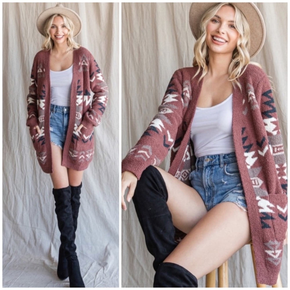 SOLD OUT Brick Fuzzy Blanket Aztec Tribal Native Western Boho Open Cardigan - Picture 1 of 7